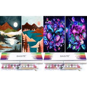 Baisite 4 Pack Paint by Numbers مجموعة للمبتدئين البالغين ، 12 "WX16 L Canvas صور رسم الطلاء مع 16 قطعة من الفرشاة الخشبية ، صبغة أكريليك في صندوق الهدايا والمناظر الطبيعية والزهور