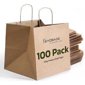 ekobags. أكياس هدايا Sienna Kraft مع مقابض | أكياس الورق البني القوي بشكل كبير للتجزئة والتسوق وفضلات الحفلات والأعمال التجارية الصغيرة | 100 ٪ قابلة لإعادة التدوير والمستدامة | 12x8x13 بوصة ، 100 حزمة