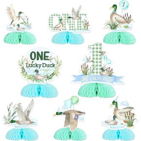 زخارف عيد ميلاد بطة محظوظة واحدة ، 8pcs Mallard Duck Honeycomb Centerpaces for Mallard Duck Boy 1st Birthday Table Decorations Duck Hunting First Supplies