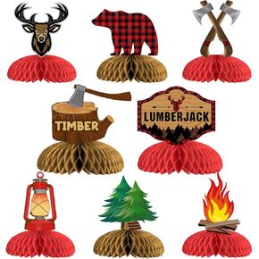 8pcs Decortings Lumberjack Table Decoritions ، Buffalo Plaid Honeycomb Centerpieces Lumberjack Bear Campfire 3D Table Table Honeycomb Form