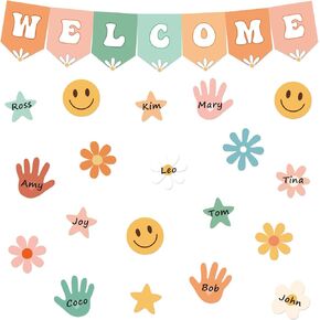 51Pcs Groovy Welcome Bulletin Board Decoration Set with Glue Points Hippie Flower Smile Face Star Handprint Cutouts Banner for Back to School Party Classroom Decor