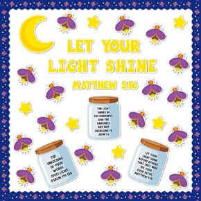 108Pcs Let Your Light Shine Bulletin Board Back to School Classroom Decoration Set, Mason Jar Firefly Cutouts Name Tags Boarder Trim Bible Verse Christian Chalkboard Wall Door Decor Supplies