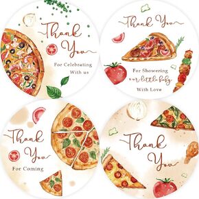 80pcs Pizza Thank You Stickers, Pizza Theme Round Stickers, Fastfood Themed Birthday Stickers for Kids, Tomato Pizza Thank You Stickers for Pizza Fiesta Party Favors