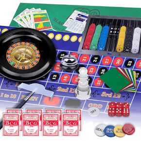 5 في 1 مجموعة لعبة الكازينو الممتازة: Blackjack/Roulette/Craps/Texas Holdem/Poker Game Kit مع 360 Chip+8 Deck Card+Roulette Wheel+2 felt-two-side+6 Dice+Strentgy Card ، Texas Holdem Poker Blackjack