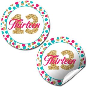 Polka Dot 13th Birthday Party Sticker Labels, 40 2" Party Circle Stickers by AmandaCreation, Great for Party Favors, Envelope Seals & Goodie Bags