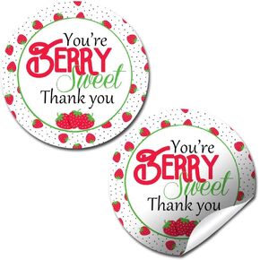 Berry Sweet Strawberry Themed Birthday Party Thank You Sticker Labels, 40 2" Party Circle Stickers by AmandaCreation, Great for Party Favors, Envelope Seals & Goodie Bags
