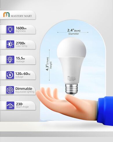 MASTERY MART Premium LED Light Bulbs 9W (60 Watt Equivalent), A19 Standard Bulbs, 800 LM 15000 Hours, E26 Base, 5000K Daylight White, Non-Dimmable, 9W LED for Bedroom Living Room, 6 Pack in Kuwait