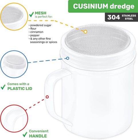 CUSINIUM 10 Ounce Ivory Powdered Sugar Shaker Duster With Handle - Fine Mesh - With Plastic Cap - Pack of 2 in Saudi Arabia