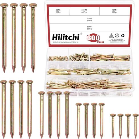 Hilitchi 301PCS 5 Sizes Brick Steel Nails Assortment Kit 0.78" 1.2" 1.58" 2" 2.36" Galvanized Concrete Wall Nail Cement Nails for Concrete Brick Drywall(White) in Kuwait