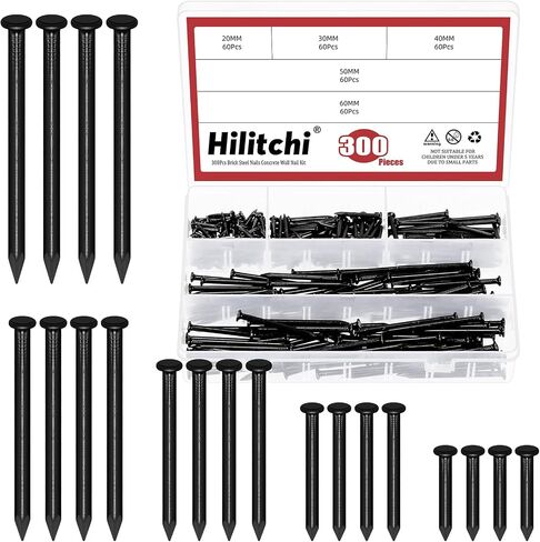 Hilitchi 301PCS 5 Sizes Brick Steel Nails Assortment Kit 0.78" 1.2" 1.58" 2" 2.36" Galvanized Concrete Wall Nail Cement Nails for Concrete Brick Drywall(White) in Saudi Arabia