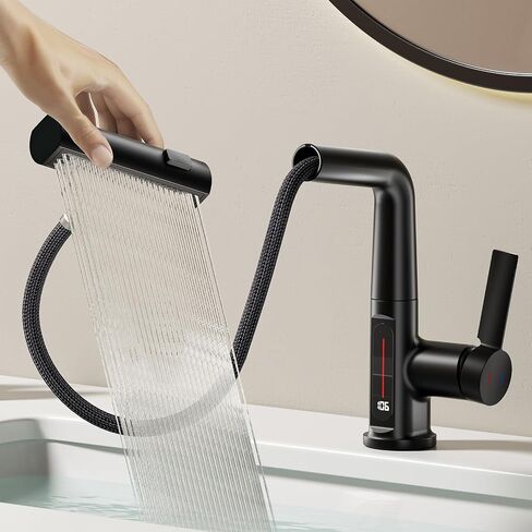 SINGSUO Liftable Bathroom Faucet with Pull Out Sprayer, 3 Modes Digital Temperature Display Bathroom Sink Faucet with 360° Swivel Spout, Single Hole Bathroom Faucet with Rainfall Spray in Saudi Arabia