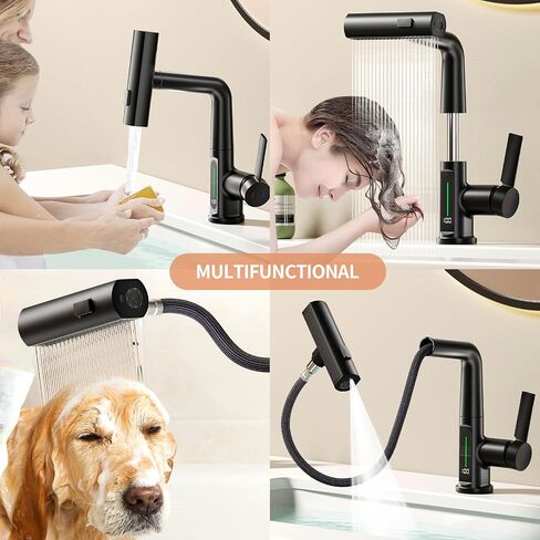 SINGSUO Liftable Bathroom Faucet with Pull Out Sprayer, 3 Modes Digital Temperature Display Bathroom Sink Faucet with 360° Swivel Spout, Single Hole Bathroom Faucet with Rainfall Spray in Saudi Arabia