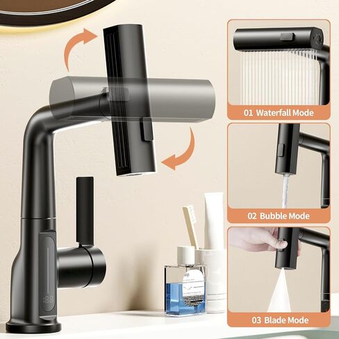 SINGSUO Liftable Bathroom Faucet with Pull Out Sprayer, 3 Modes Digital Temperature Display Bathroom Sink Faucet with 360° Swivel Spout, Single Hole Bathroom Faucet with Rainfall Spray in Saudi Arabia