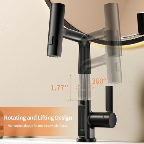 SINGSUO Liftable Bathroom Faucet with Pull Out Sprayer, 3 Modes Digital Temperature Display Bathroom Sink Faucet with 360° Swivel Spout, Single Hole Bathroom Faucet with Rainfall Spray in Saudi Arabia