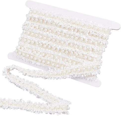 Pink Embroidery Lace Trim Braided Fabric with Peal Beads Vintage Polyester Floral Edge Embroidered Braid Bead Applique Ribbon for Sewing Making Crafts Clothes Costume Dresses Bouquet Supply in Saudi Arabia