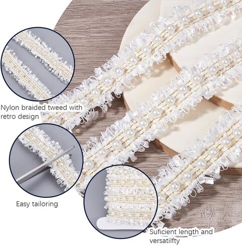 Pink Embroidery Lace Trim Braided Fabric with Peal Beads Vintage Polyester Floral Edge Embroidered Braid Bead Applique Ribbon for Sewing Making Crafts Clothes Costume Dresses Bouquet Supply in Saudi Arabia