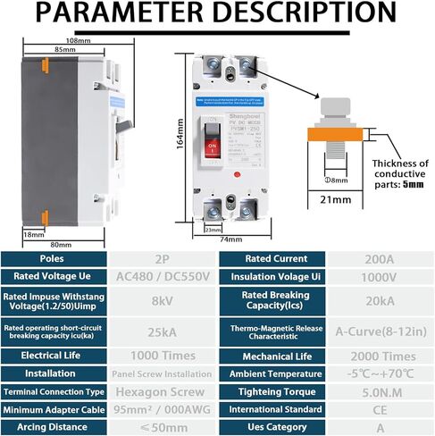Main DC 200 Amp Circuit Breaker AC Disconnect Switch 1 Poles 550V Battery Thermal Magnetic Trip Power Solar UPS Station in Kuwait