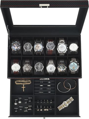 Watch Jewelry Box Organizer, 6-Slot 2-Layer Watch Case and Sunglasses Storage with Large Glass Lid, Men's Jewelry Box with Lock, Watch Holder Display Case, Gift for Men Women in Saudi Arabia