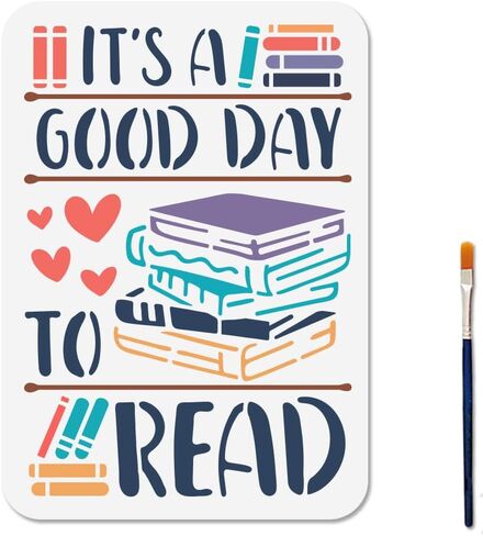 MAYJOYDIY Book Pencil Stencil Reading Books Template 11.7x8.3inch It's A Good Day to Read Stencil with Paint Brush Study Bookshelf Hearts Decoration Template for Wood Wall Window DIY Craft in Saudi Arabia
