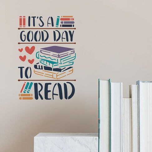 MAYJOYDIY Book Pencil Stencil Reading Books Template 11.7x8.3inch It's A Good Day to Read Stencil with Paint Brush Study Bookshelf Hearts Decoration Template for Wood Wall Window DIY Craft in Saudi Arabia