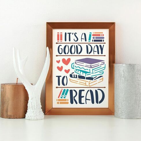 MAYJOYDIY Book Pencil Stencil Reading Books Template 11.7x8.3inch It's A Good Day to Read Stencil with Paint Brush Study Bookshelf Hearts Decoration Template for Wood Wall Window DIY Craft in Saudi Arabia