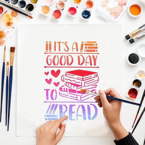 MAYJOYDIY Book Pencil Stencil Reading Books Template 11.7x8.3inch It's A Good Day to Read Stencil with Paint Brush Study Bookshelf Hearts Decoration Template for Wood Wall Window DIY Craft in Saudi Arabia