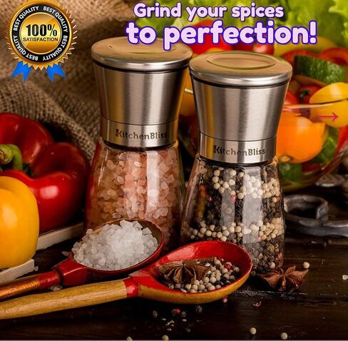 Professional Salt and Pepper Grinder Set – Premium Stainless Steel Salt and Pepper Shakers with Ceramic Spice Grinder Mill for Adjustable Coarseness - Added Bonus a Bamboo spoon and a Cleaning Brush. in Saudi Arabia