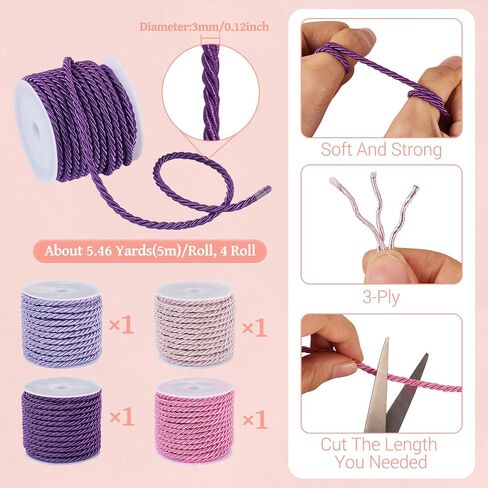 1 Roll 3mm Twisted Cord, 3 Layers Braided Cord with Spool, Blue Decorative Twisted Satin, Glitter Rope Braided Cord for Plant Home Decor Tieback Graduation Honor Cord in Saudi Arabia