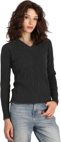 Minnie Rose Women's Long Sleeve V Neck Cotton Cable Frayed SweaterÊÊ in Kuwait