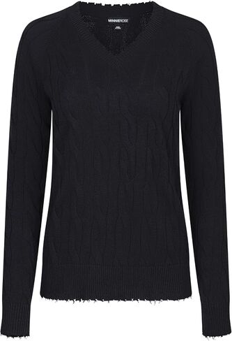 Minnie Rose Women's Long Sleeve V Neck Cotton Cable Frayed SweaterÊÊ in Kuwait