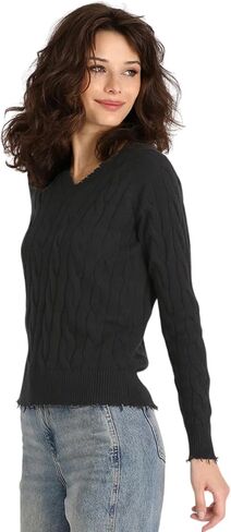 Minnie Rose Women's Long Sleeve V Neck Cotton Cable Frayed SweaterÊÊ in Kuwait
