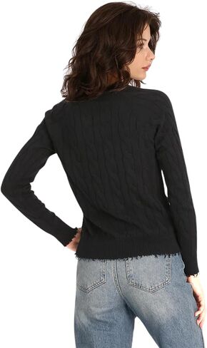 Minnie Rose Women's Long Sleeve V Neck Cotton Cable Frayed SweaterÊÊ in Kuwait