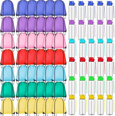 40 Pcs 17 oz Plastic Water Bottles Bulk and Drawstring Backpack Set Reusable Flip Top Leakproof Sports Water Bottles with Handle Strap Cinch Gym Drawstring Bags for Summer School Gym Travel in Kuwait