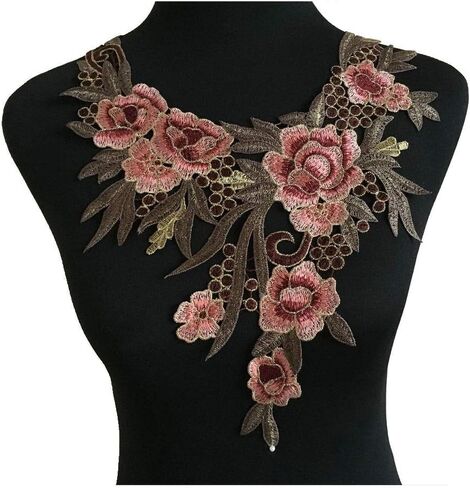 Embroidered Lace Neckline Collar Warm Tones Floral Brown Leaf Applique Patches Scrapbooking Embossed Sewing (Wine Red A) in Kuwait