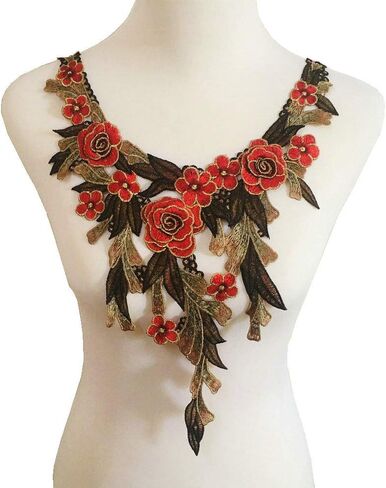 Embroidered Lace Neckline Collar Warm Tones Floral Brown Leaf Applique Patches Scrapbooking Embossed Sewing (Wine Red A) in Kuwait