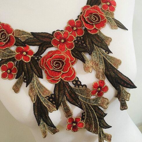 Embroidered Lace Neckline Collar Warm Tones Floral Brown Leaf Applique Patches Scrapbooking Embossed Sewing (Wine Red A) in Kuwait