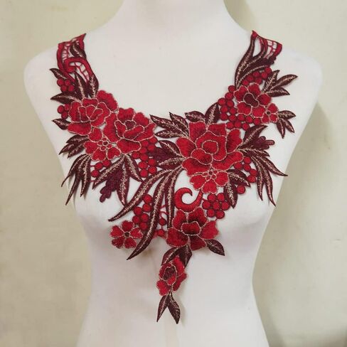 Embroidered Lace Neckline Collar Warm Tones Floral Brown Leaf Applique Patches Scrapbooking Embossed Sewing (Wine Red A) in Kuwait