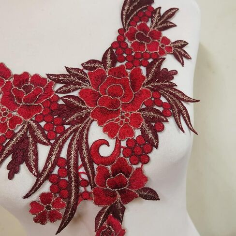 Embroidered Lace Neckline Collar Warm Tones Floral Brown Leaf Applique Patches Scrapbooking Embossed Sewing (Wine Red A) in Kuwait