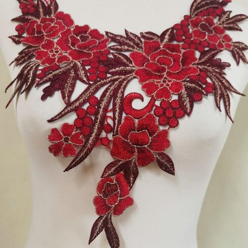 Embroidered Lace Neckline Collar Warm Tones Floral Brown Leaf Applique Patches Scrapbooking Embossed Sewing (Wine Red A) in Kuwait