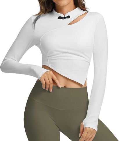 JBT Women's Slim Yoga Long Sleeve Top Black - Asymmetrical Waist, Chest Cutout, for Petite Figures, Athletic Gym Wear in Saudi Arabia