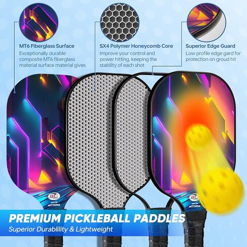 Pickleball Paddles Set of 2 - Fiberglass Pickleball Paddles for Beginners, USAPA Approved Pickle Ball Rackets 2 Pack with 4 Pickleball Balls, 1 Pickleball Net Bag, Paddles Ball Set Outdoor Indoor in Saudi Arabia