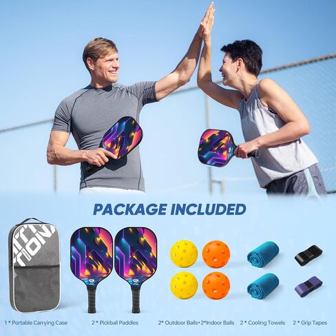 Pickleball Paddles Set of 2 - Fiberglass Pickleball Paddles for Beginners, USAPA Approved Pickle Ball Rackets 2 Pack with 4 Pickleball Balls, 1 Pickleball Net Bag, Paddles Ball Set Outdoor Indoor in Saudi Arabia