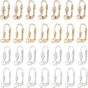 Beebeecraft 1 Box 40pcs leverback arkring النتائج 24K الذهب و 925 Sterling Silver Plated 4 Clasp Clasp Clasp مع حلقة لصنع المجوهرات