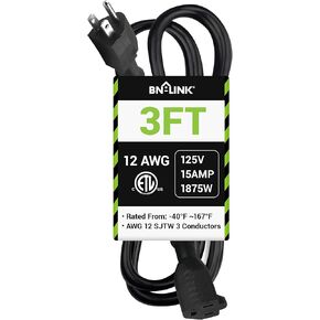 BN-LINK 6ft Outdoor Extension Cord, 12/3 SJTW Heavy Duty Power Cord, 3-Prong Grounded Plug, Weather Resistant, 15A, 1875W, Black, for Lawn, Garden, Appliances, ETL Listed