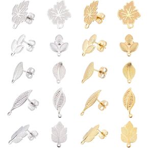 DICOSMETIC 20Pcs 5 Styles 2 Colors Stainless Steel Leaf Stud Earring Findings with Ear Nuts Maple Leaf Stud Earrings Hypoallergenic Stud Earrings for DIY Jewelry Making Craft,0.7mm Pin