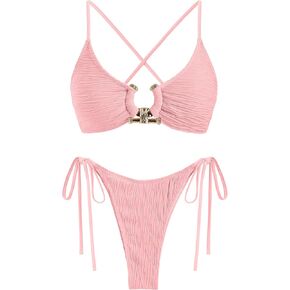 ZAFUL Women's Bikini Sets Ribbed Metal O Ring Criss Cross Two Piece Swimsuit Cheeky High Cut Side Tie Thong Bathing Suit