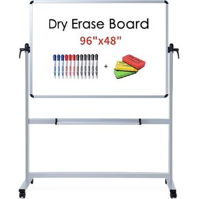 VIZ-PRO Double-Sided Magnetic Mobile Whiteboard, 96 x 48 Inches, Aluminium Frame and Stand, with 12-Count Markers and 3 Colored Erasers