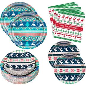 180PCS Ugly Christmas Sweater Party Supplies Serve 60, Christmas Party Paper Plates and Napkins Kit for Xmas Holiday Birthday Party Decorations, Includes Dinner Plates, Dessert Plates, Napkins