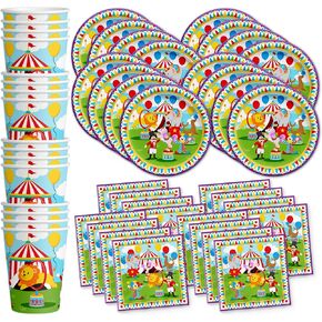 Birthday Galore Little Circus Carnival Birthday Party Supplies - Circus Theme Party Supplies - 16 Count Tableware Set Includes Plates, Napkins and Cups - Red, Yellow, Blue, Green