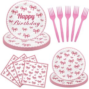 100pcs Pink Bow Birthday Party Decorations Pink White Bow Bachelorette Plates and Napkins for Girl Coquett Bridal Engagement Baby Shower Dinnerware Party Supplies Serve 25 Guests, LARGE